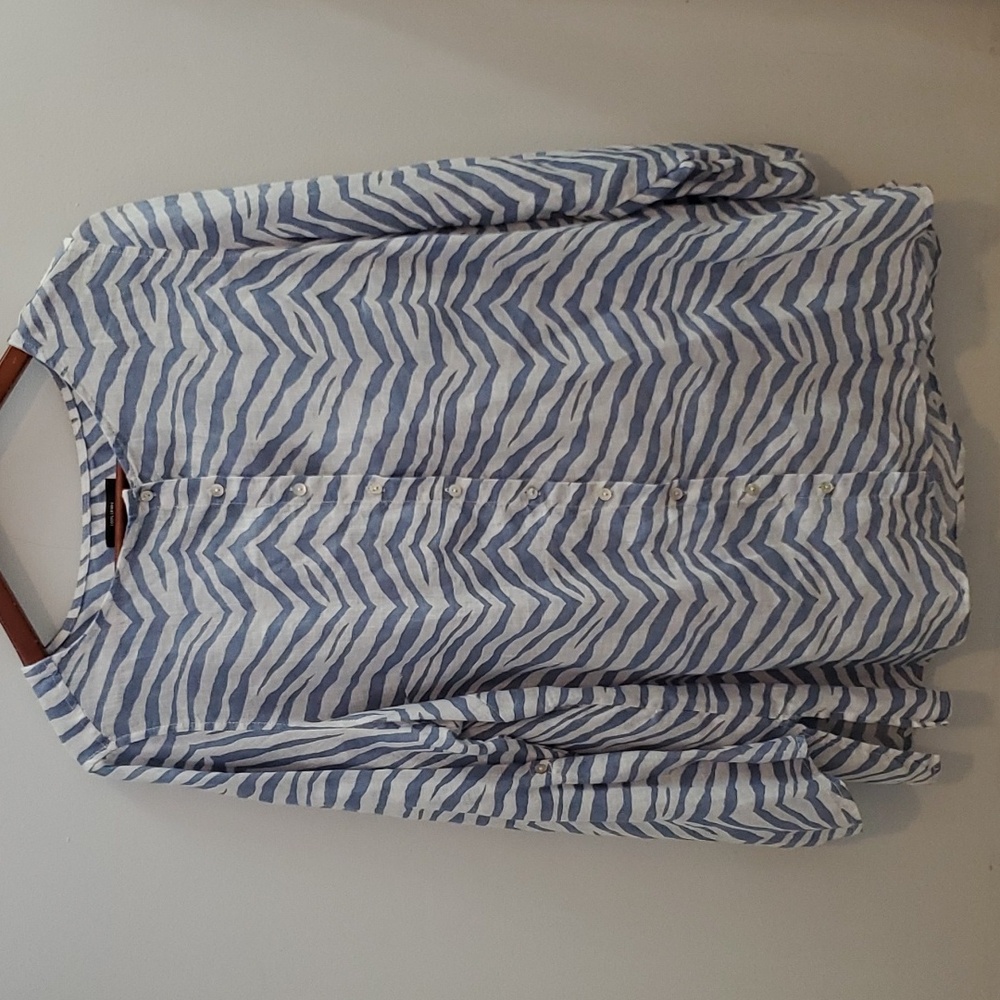 Tahari 100% Linen Zebra Print Tunic Size 1X Blue & White